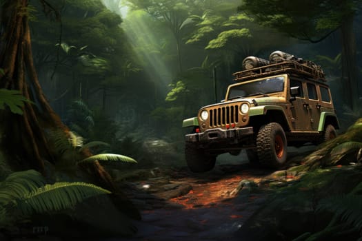 Jeep jungle sunset. Vehicle road adventure. Generate Ai