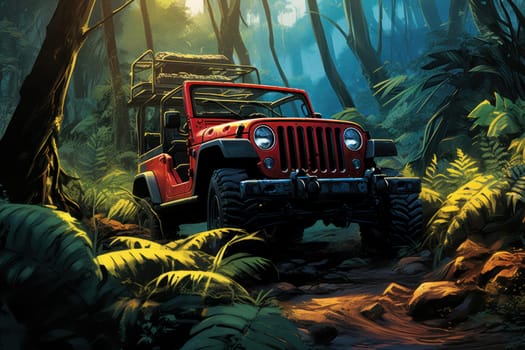 Adventurous Jeep jungle sunset. Vehicle road adventure. Generate Ai