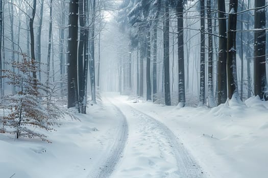 A wintery landscape with a forest path, snow-covered trees and a serene atmosphere. AI generated.