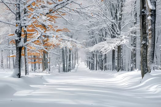 A wintery landscape with a forest path, snow-covered trees and a serene atmosphere. AI generated.