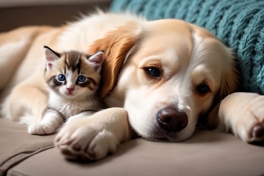 A loving kitten and a dog are lying on the bed. AI generated image.