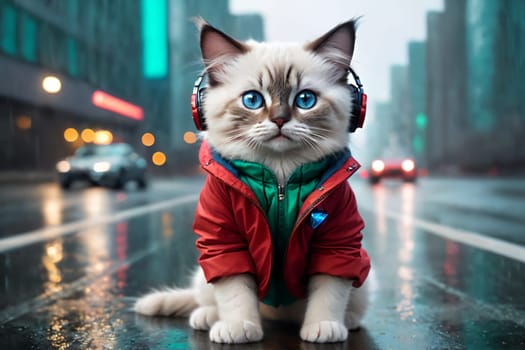 A domestic purebred Ragdoll kitten went out for a walk, wearing headphones and a jacket. It's raining. AI generated image.