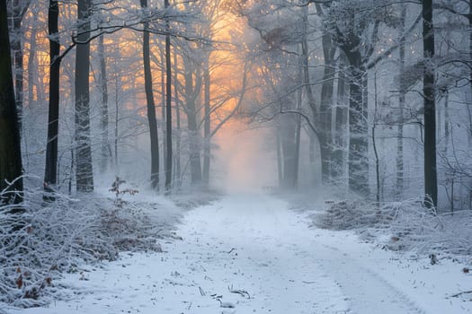 A wintery landscape with a forest path, snow-covered trees and a serene atmosphere. AI generated.
