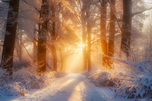 A wintery landscape with a forest path, snow-covered trees and a serene atmosphere. AI generated.