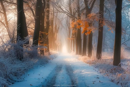A wintery landscape with a forest path, snow-covered trees and a serene atmosphere. AI generated.