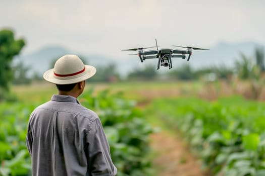 Farmer in the field using drone. Neural network generated in January 2024. Not based on any actual scene or pattern.