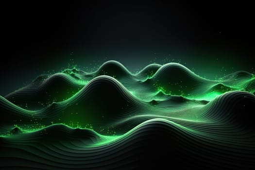 Abstract dark green background with wavy lines and glowing particles. Digital gradient futuristic background.