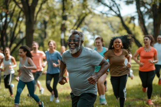 A vibrant group of individuals from various backgrounds share laughs and strides in a communal run. Their collective energy and joyous expressions capture the essence of community fitness and the enjoyment of outdoor activities