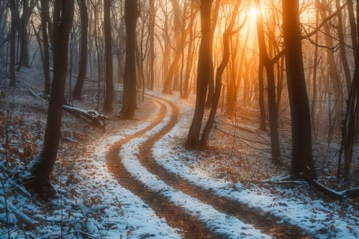 A wintery landscape with a forest path, snow-covered trees and a serene atmosphere. AI generated.