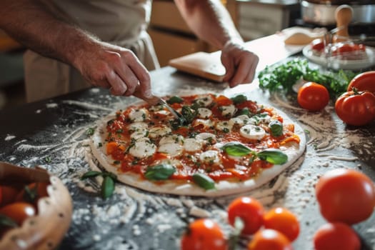 An individual carefully garnishes a homemade pizza with fresh ingredients, surrounded by a bounty of vibrant tomatoes and basil. The scene is a celebration of home cooking and the joy of creating meals from scratch