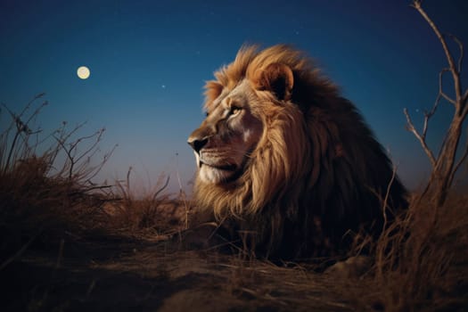 Majestic lion lying under starry night sky. Wildlife photography. African wilderness and animal kingdom concept for poster, banner, and educational use. Side view with space for text