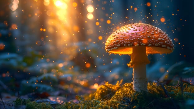 Magical mushroom in fantasy enchanted fairy tale forest. Neural network generated in January 2024. Not based on any actual scene or pattern.