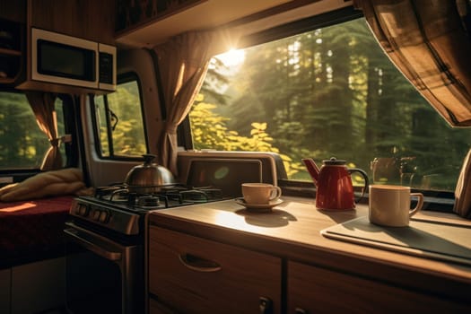 Kitchen campervan. Modern vehicle vacation. Generate Ai