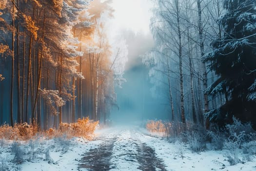 A wintery landscape with a forest path, snow-covered trees and a serene atmosphere. AI generated.