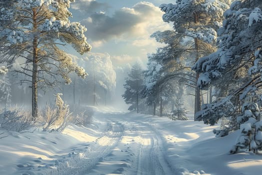 A wintery landscape with a forest path, snow-covered trees and a serene atmosphere. AI generated.