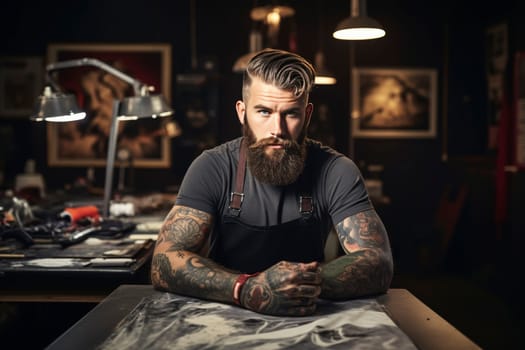 A confident bearded tattoo artist leans on a workbench in a well-equipped tattoo studio, showcasing his body art.