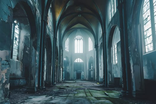 Dark gothic abandoned ancient chapel hall interior with tall windows and columns, foggy and empty. Neural network generated in January 2024. Not based on any actual scene or pattern.