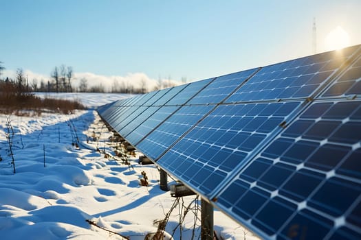 Photovoltaic solar panels in the field at sunny winter day. Neural network generated in January 2024. Not based on any actual scene or pattern.