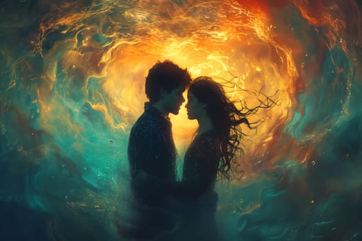 Man and woman embracing in surreal, colorful liquid fantasy dreamscape. Neural network generated image. Not based on any actual person or scene.