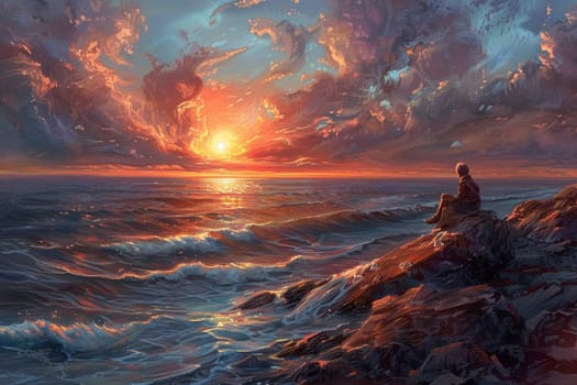 A solitary figure sits on the rocky shoreline, immersed in the beauty of a vibrant sunset over the tumultuous sea. The dramatic play of light and shadow captures a moment of deep reflection and connection with nature.