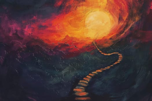 A vivid abstract painting depicts a swirling path leading towards a giant luminous sun against a dynamic red sky. The intense contrast of colors evokes a sense of drama and movement