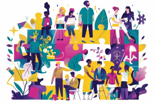 An illustration of diverse individuals connecting pieces of a jigsaw puzzle. It symbolizes teamwork and inclusion in a vibrant, abstract setting