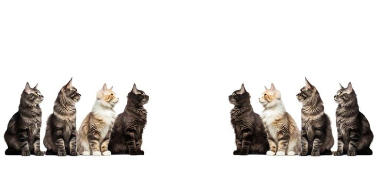 Four majestic Maine Coon cats in a row, attentively looking to the side against a white background.