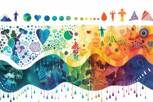 This vibrant artwork represents the autism spectrum with symbolic elements and a spectrum of colors. Various icons and shapes merge into a wave, signifying the diverse experiences of those with autism