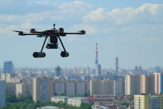 Copter drone carrying a bombs above city at summer day. Neural network generated image. Not based on any actual scene or pattern.