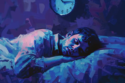 Man sleeping deeply with digital art style effect. Illustration of insomnia concept with abstract elements and clock. Design for health and wellness poster, mental health awareness, sleep disorder educational material