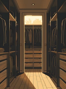 A walkin closet with hardwood flooring, builtin drawers, and clothes hanging on wooden fixtures. The wood stain complements the homes door and plank walls