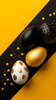 Golden, black, white Easter eggs on a yellow-black background. geometry. Minimal concept. View from above. Neural network generated image. Not based on any actual scene or pattern.