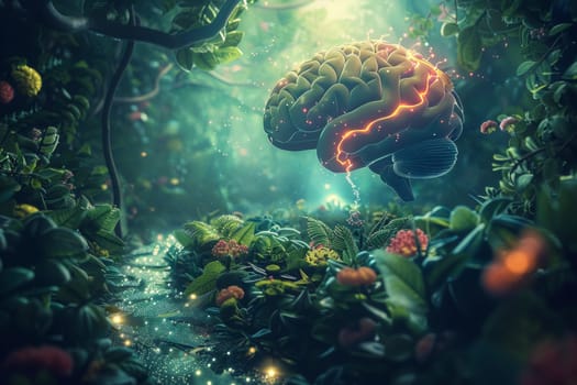 Digital artwork of a human brain with glowing neural pathways amidst lush greenery.