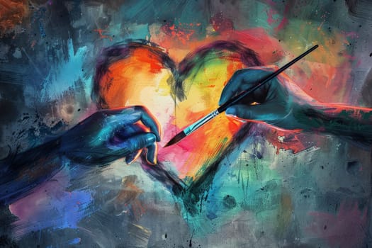 Two hands emerge in a minimalistic style, painting a heart symbol with bold, expressive strokes. The image conveys creativity and the passion of artistry.