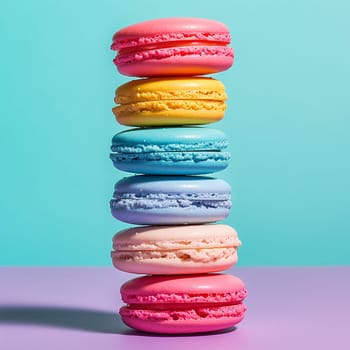 Colorful macarons stacked against a two-tone background.