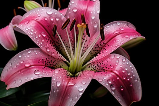 Dewy Lily flower water drops. Fresh natural botany. Generate Ai