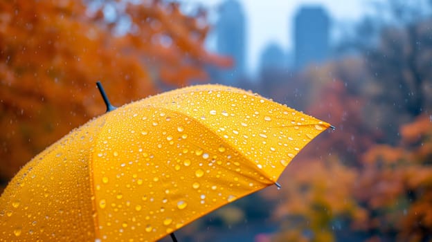 Close up, yellow umbrella under rainfall against a background of autumn leaves. Concept of rainy weather. Neural network generated image. Not based on any actual scene or pattern.