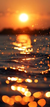 Sunset bokeh on water: golden sky over a body of water, with the light reflecting and creating a bokeh effect.. Neural network generated image. Not based on any actual scene or pattern.