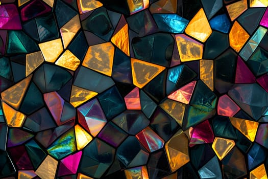 Seamless texture and full-frame background of colorful glass mosaic triangular tiles. Neural network generated image. Not based on any actual scene or pattern.