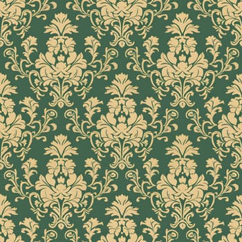 Seamless texture of green and gold damask pattern. Neural network generated image. Not based on any actual scene or pattern.