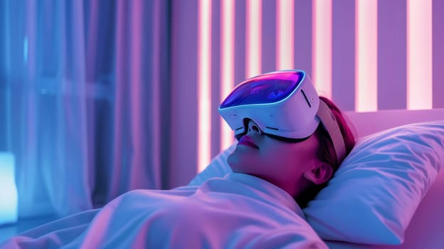 A woman lies in bed, immersed in a virtual reality experience, surrounded by soft neon lighting.