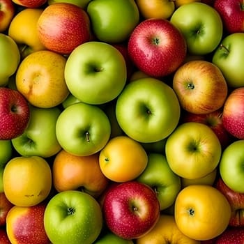 Seamless texture and background of different color apples pile with high angle view. Neural network generated image. Not based on any actual scene or pattern.