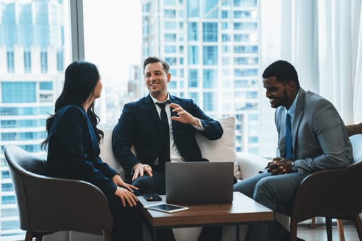 Group of diverse executive investor listening businessman talking about investment. Professional business team discussing about business plan, statistic, marketing strategy at office. Ornamented.