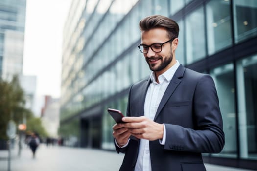 Smiling young man using smartphone in city. Casual style outdoor shoot. Modern urban lifestyle and technology concept for design and print
