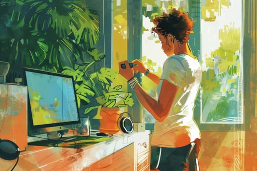 Graphic designer using a tablet to edit images in a sunlit room filled with lush green plants.