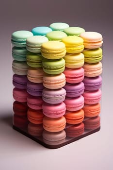 Colorful macarons artfully arranged in a transparent box with handle