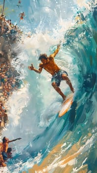 A man is happily riding a wind wave on a surfboard in the water, enjoying the outdoor recreation and adventure of surfing in nature