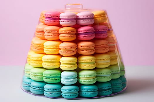 Colorful macarons artfully arranged in a transparent box with handle