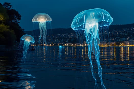 Glowing blue jellyfish UFO over night city. Neural network generated image. Not based on any actual scene or pattern.