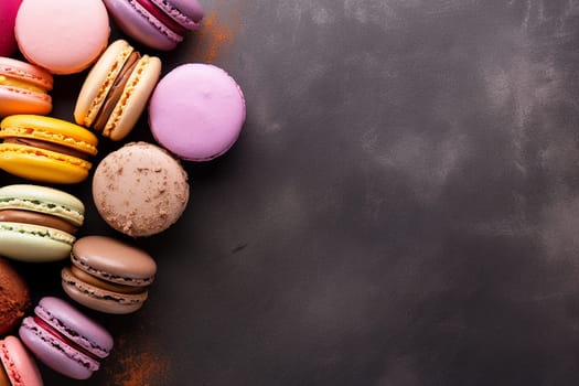 Assorted colorful macarons and berries on pink